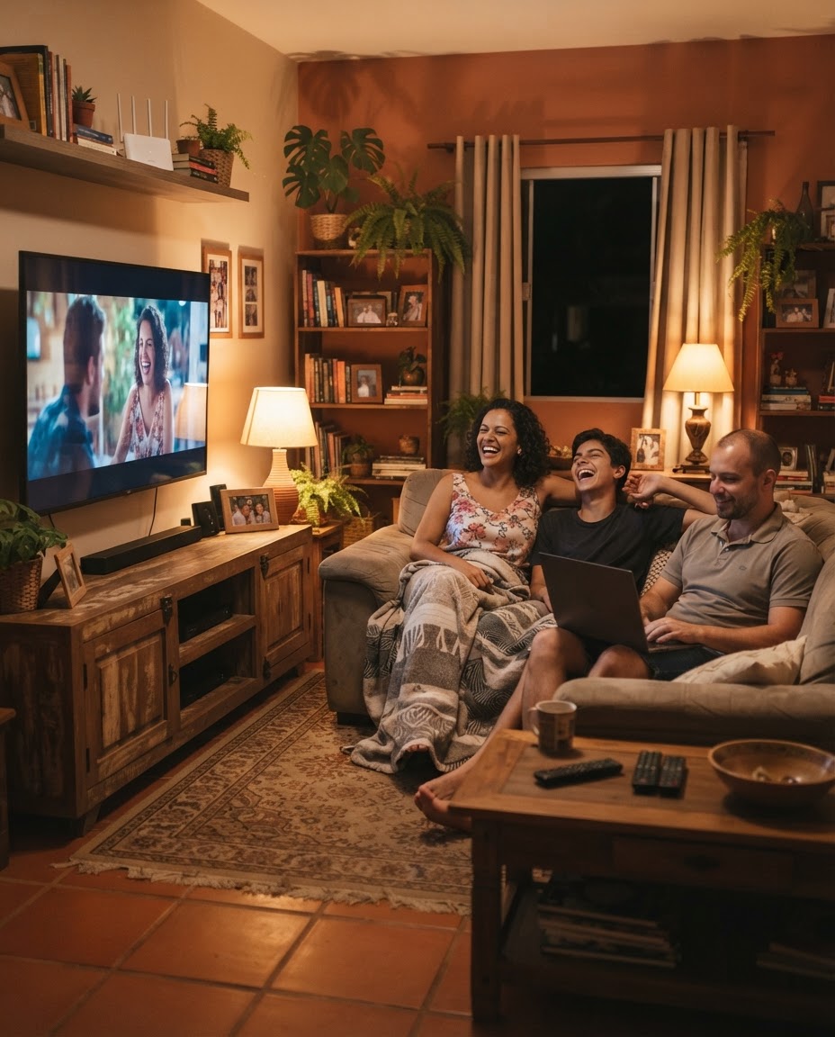 Família usando a internet fibra da VoIPENET
